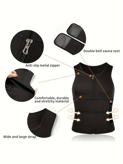 Men's Slimming Sauna Vest with Zipper - Neoprene Waist Trainer Tank Top, Body Shaper with 2 Belt Straps for Fitness & Workout