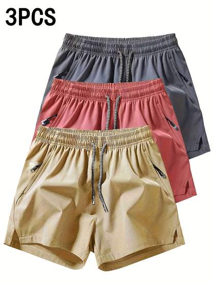 3 Pcs Men's Active Shorts with Zipper Pockets, Elastic Waist Drawstring for Summer Fitness & Outdoor Activities