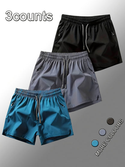 3 Pcs Men's Active Shorts with Zipper Pockets, Elastic Waist Drawstring for Summer Fitness & Outdoor Activities