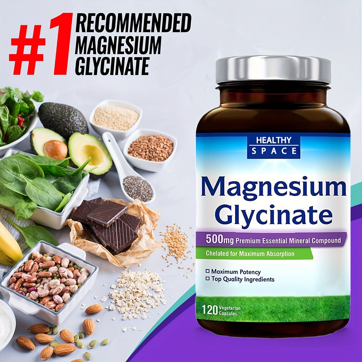 2 Bottles HEALTHY SPACE Magnesium Glycinate | Contains 300mg Of Magnesium Glycinate | Magnesium Supplement |120 Capsules