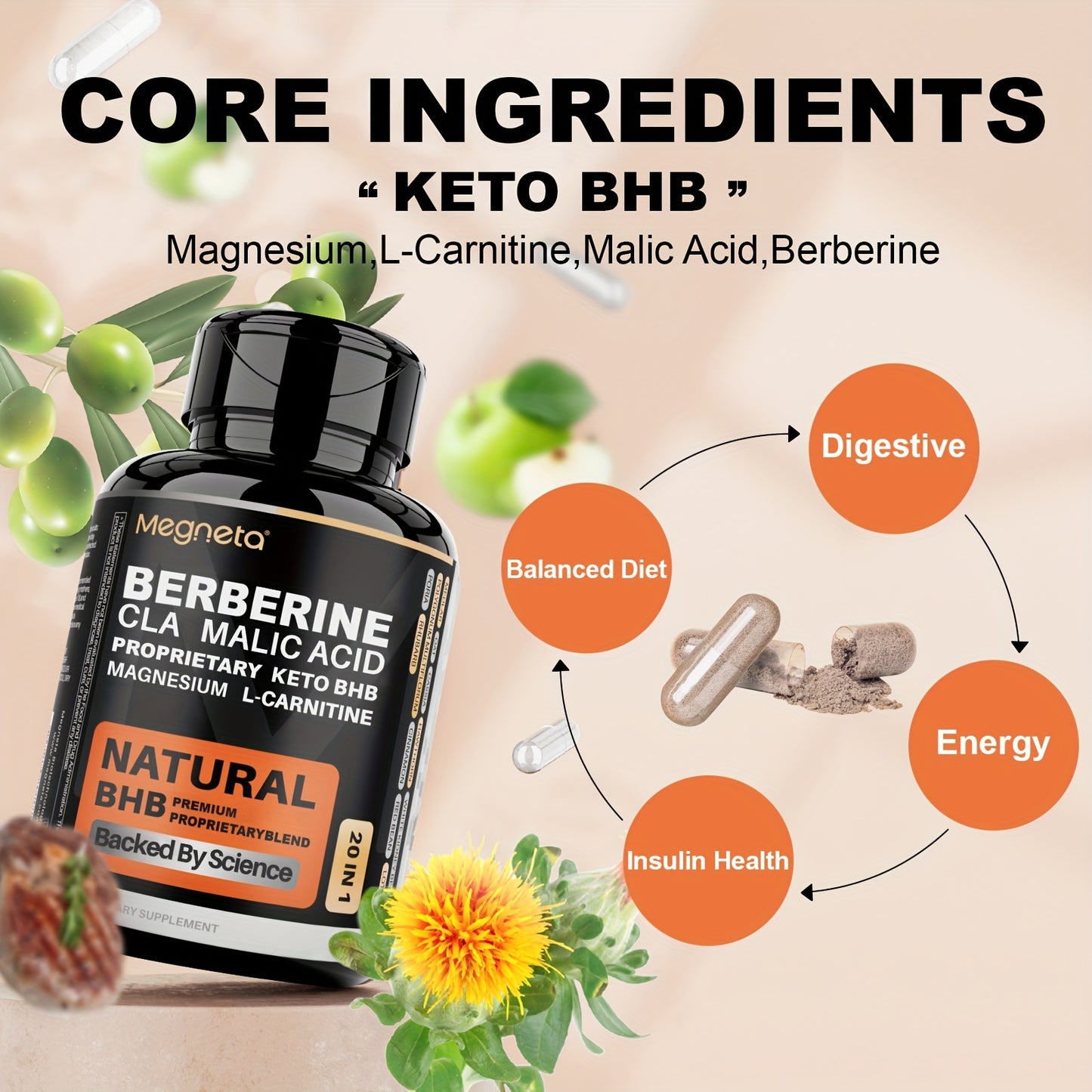 20in 1 -Advanced Keto BHB Blend, L-Carnitine, CLA, Malic Acid, Berberine-Keto|Insulin Health&Liver Health|60 Capsules, 30-Day Supply