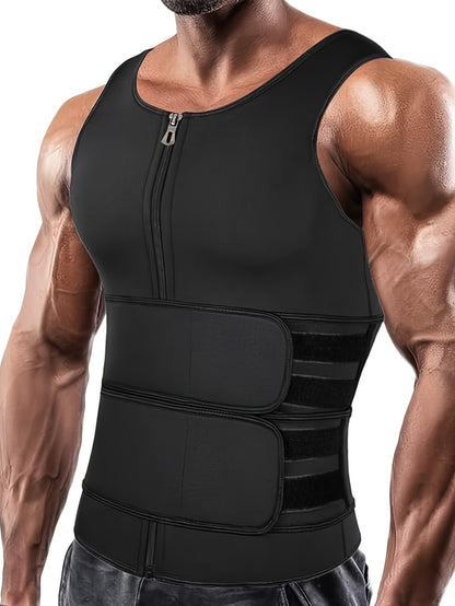 Men's Slimming Sauna Vest with Zipper - Neoprene Waist Trainer Tank Top, Body Shaper with 2 Belt Straps for Fitness & Workout