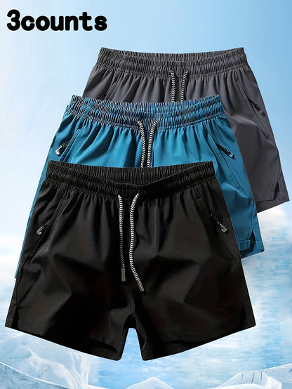 3 Pcs Men's Active Shorts with Zipper Pockets, Elastic Waist Drawstring for Summer Fitness & Outdoor Activities